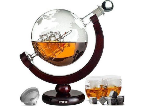 Brood gekruld Ingenieurs Whiskey Decanteerkaraf - Wereldbol - Luxe Whiskey Karaf Set - 0,8 L - Incl.  8 Whisky Stones & Schenktuit | Dealdonkey