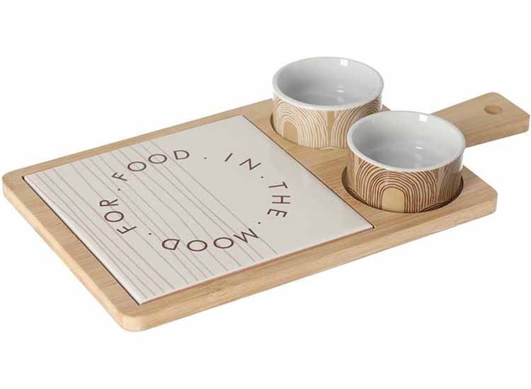 JENS LIVING - Mood for food serveerset tegeltjes - met 2 serveerkommetjes - Bruin/wit - 31 cm x 17 cm